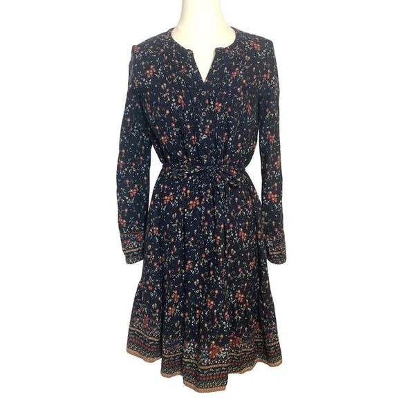 Thursday Island Navy Floral Boho Dress Button Front Tie Waist Long Sleeve Size:S - Picture 1 of 11